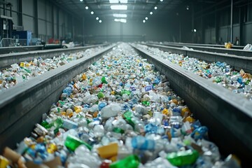 A Conveyor Belt Filled With Crushed Plastic Bottles and Other Plastic Waste in a Recycling Facility
