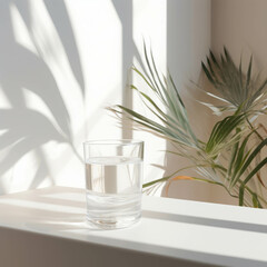 Sunlit Hydration: A glass of refreshing water basks in the warm glow of sunlight, casting intricate shadows beside a lush green plant, embodying tranquility and minimalist aesthetics. 