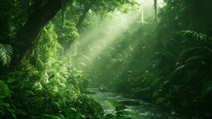 Obraz premium Sunbeams shine through a dense jungle canopy, illuminating the winding path of a river.