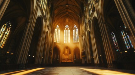 Fototapeta premium Sunbeams stream through stained glass windows, illuminating the interior of a grand cathedral.
