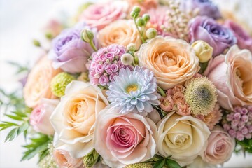 Beautiful bouquet of pastel roses and colorful flowers in soft focus
