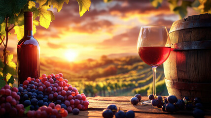 Naklejka premium Red wine and grapes on a wooden barrel