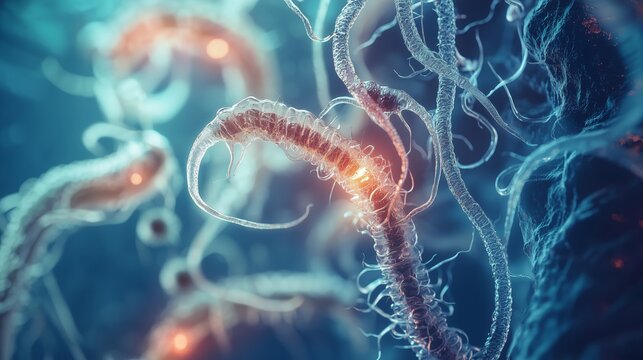 A detailed view of parasitic worms under a microscope, with glowing white bodies and intricate internal structures