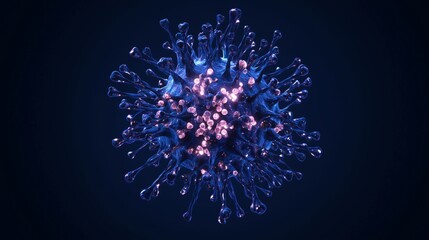Obraz premium A top-down view of herpes simplex virus, with glowing spherical shapes and intricate protein spikes, floating in a deep blue space