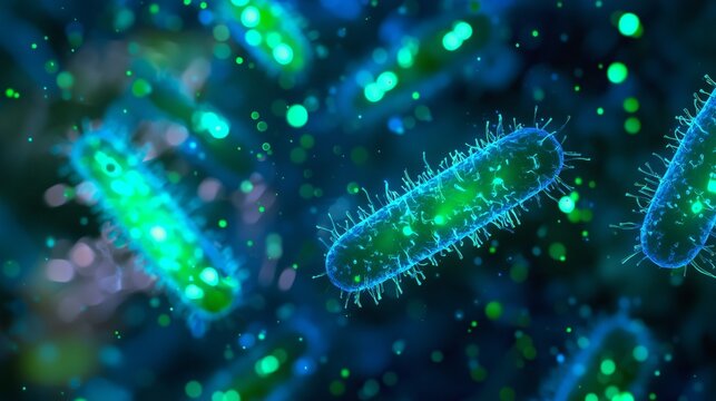 A microscopic view of cholera bacteria, with glowing rod-shaped cells in vibrant blue and green hues, floating in a liquid medium