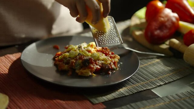 Chef grating cheese over delicious homemade vegetable omelet in kitchen