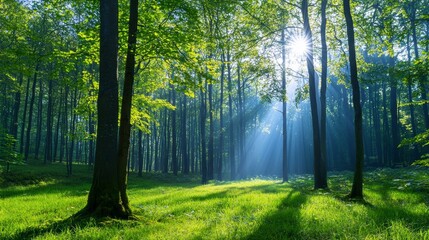 Obraz premium Sunlight streaming through trees in a lush green forest, creating a serene and tranquil natural environment