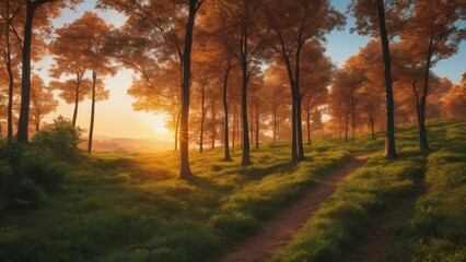 Naklejka premium A dirt path winds through a forest, bathed in the warm glow of the setting sun.