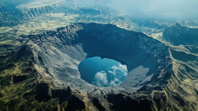 Aerial perspective of the crater lake at Mount Tambora, with its steep caldera walls and surrounding wilderness.