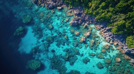 Obraz premium Aerial perspective of the crystal-clear waters and coral reefs around Similan Islands in the Andaman Sea, Thailand.