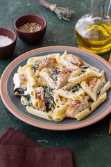 Pasta alfredo with chicken, spinach and cheese. Italian food.