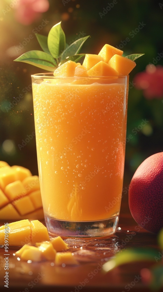 Poster a refreshing glass of mango smoothie with ice and mango slices, garnished with mint leaves, on a woo