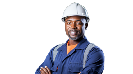 Smiling industrial african american worker isolated on transparent background PNG. 

