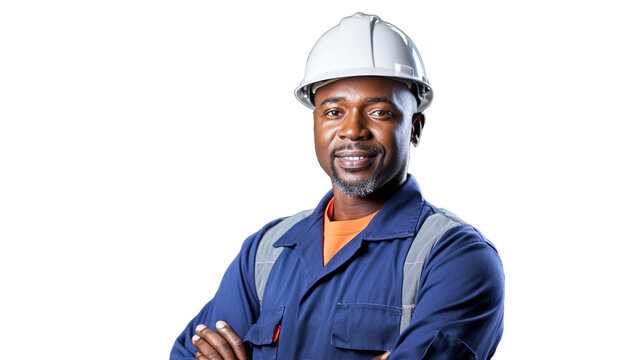 Smiling industrial african american worker isolated on transparent background PNG. 


