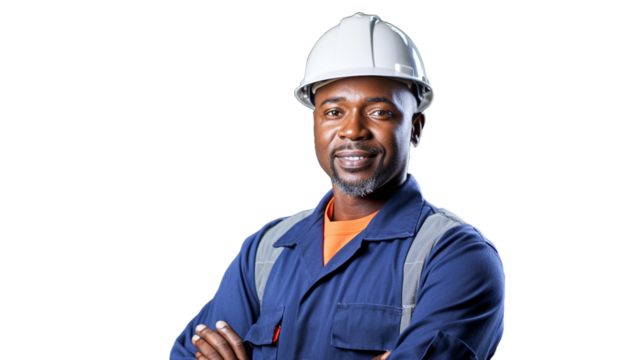 Smiling industrial african american worker isolated on transparent background PNG. 

 - Powered by Adobe