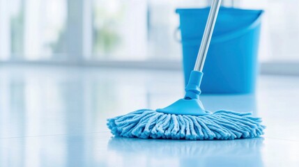 Blue Cleaning Mop with Bucket on Shiny Floor