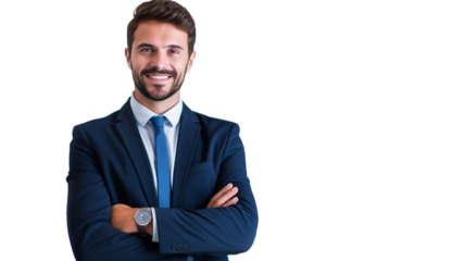 Cheerful excited joyful satisfied handsome attractive fashionable dressed in formal outfit on transparent background PNG.

