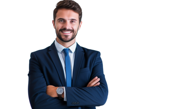 Cheerful excited joyful satisfied handsome attractive fashionable dressed in formal outfit on transparent background PNG.

