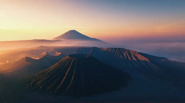 Aerial perspective of the iconic twin volcanoes of Mount Semeru and Mount Bromo, East Java, at sunrise.