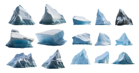 Floating icebergs in various shapes and sizes isolated on transparent background