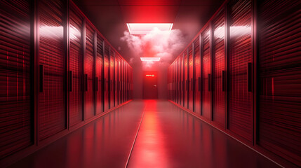 Fototapeta premium Red Server Room with Smoke and Emergency Exit