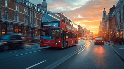 Red Double-Decker Bus in London at Sunset