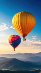 Fototapeta premium Colorful hot air balloons soaring over mountains at sunrise