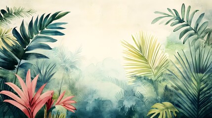 A serene tropical foliage background featuring lush green leaves and vibrant pink flowers, perfect for nature-themed designs and projects. 
