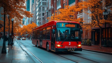 Autumn Cityscape with Red Bus