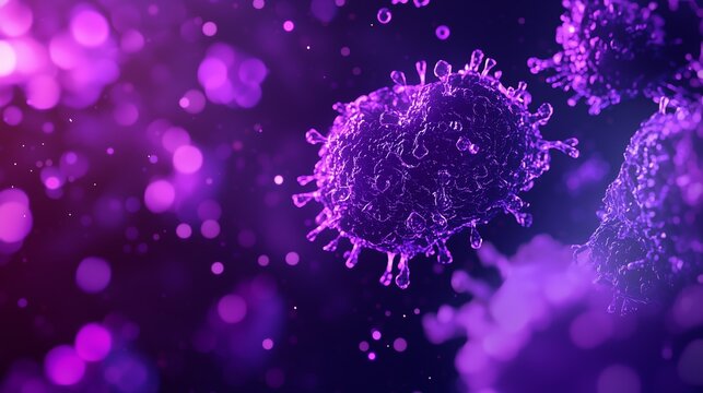 A vibrant 3D rendering of anthrax spores, with rough, textured surfaces and glowing purple highlights on a dark background