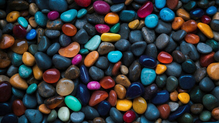 A collection of colorful, polished stones of various shapes and sizes closely packed together