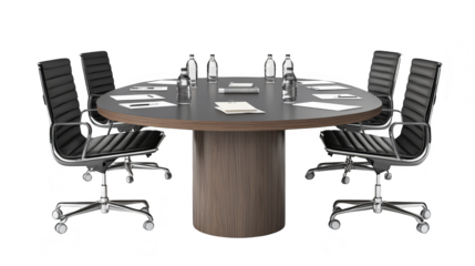 Modern Round Meeting Table with Black Leather Chairs and Water Bottles
