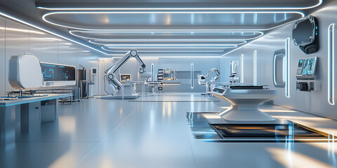 Obraz premium Advanced Robotics and Technology in a Futuristic Laboratory Environment with a blue and white color scheme 