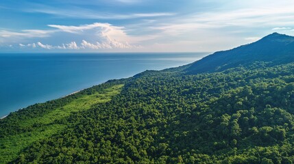 Aerial perspective of the picturesque Kep National Park, with forested hills, walking trails, and panoramic coastal views.