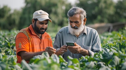 Two farmers in a lush green field are engaged in a discussion while using a smartphone, showcasing modern agriculture practices and technology. 