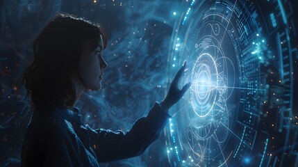 A woman reaches out to a glowing, holographic interface displaying futuristic data and cosmic elements. 