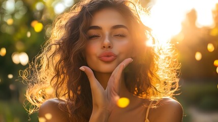 Fototapeta premium A young woman with beautiful curly hair playfully poses in a sunlit outdoor setting, surrounded by soft glowing bokeh and floating petals. 