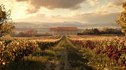 Expansive Vineyard Landscape with Vibrant Autumn Foliage and Dramatic Sunset Sky