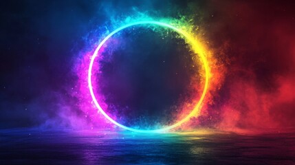 Abstract Neon Light Circle on Smokey Background