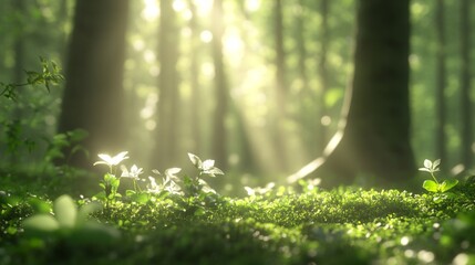 Fototapeta premium Sunlit Forest Glade, a tranquil clearing in a dense forest, illuminated by a radiant sunbeam, highlighting vibrant greenery and the serene beauty of nature.