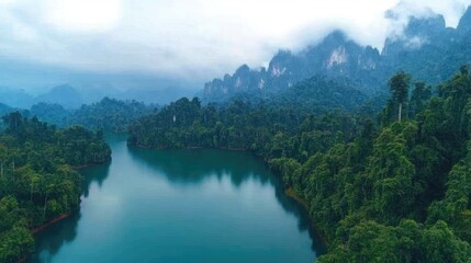 Obraz premium Aerial shot of Khao Sok National Park, showcasing the dense rainforest and emerald-green Cheow Lan Lake.