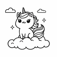 Adorable cat unicorn hand drawn coloring page vector illustration