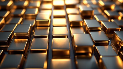 Obraz premium Geometric 3D gold squares, arranged in a seamless grid, high contrast, soft depth of field. Abstract and Minimalistic Design Backgrounds