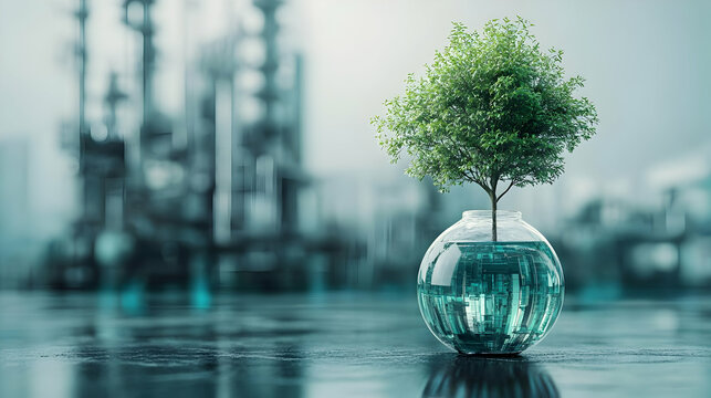 Green Tree Growing in a Glass Globe on a Futuristic Background