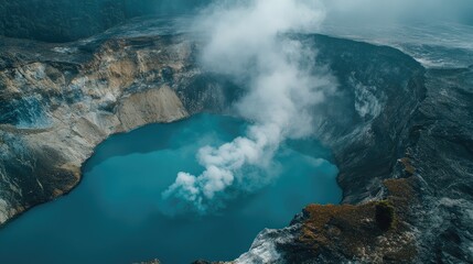 Fototapeta premium Aerial shot of the breathtaking Ijen Crater, with its blue sulfuric lake emitting a mysterious mist in East Java.
