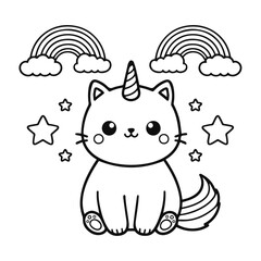 Adorable cat unicorn hand drawn coloring page vector illustration