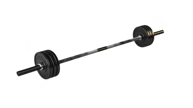 Black weightlifting barbell with plates isolated transparent background