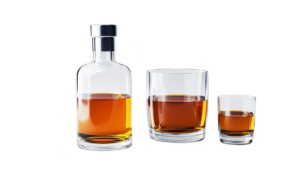 Whiskey bottle and glasses with brown liquor