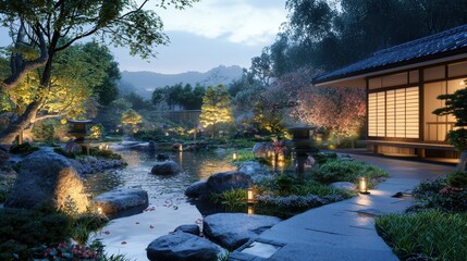 Obraz premium Enchanting Japanese Garden Oasis with Pagoda and Illuminated Pond at Dusk