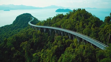 Fototapeta premium Aerial shot of the Langkawi Sky Bridge, curving gracefully over a dense tropical rainforest with the Andaman Sea in the background.